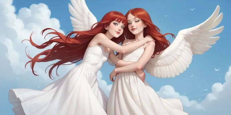 Two hot age girls,  long dress , straight black hair, Red hair,  Very long hair, freckles, detailed ribs,  flat breasted,  Medium and pointed breasts, full body, small bare feet, red lips, eyeliner,  smile, over the clouds,  blue sky, sunny, Language, hug,...