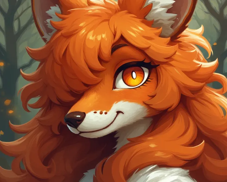 Fox girl, Queen,  wavy orange hair, long and with a tuft covering his left eye, And his orange right eye, the upper part of the brown osico and its light brown skin with a white border surrounding it