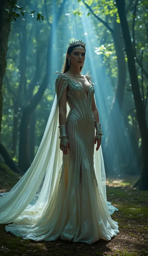 Nilsu Berfin Aktaş poses in a mystical forest setting, wearing a fantasy-inspired gown. The gown is intricately designed with silver and gold detailing, made from shimmering fabrics. She wears a long, elegant cape that flows behind her, creating a magical ...