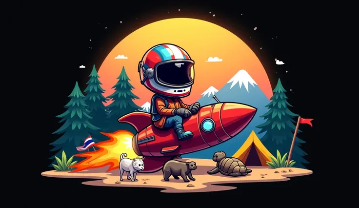  logo design,  components,
- a boy is lounging on a rocket
- Wear a racing helmet
- There are toys., Pit Bull Puppies,  White Kitten, Turtle, Flag of Thailand
- In the back there is a world, tent, pine, mountain, เมฆ
- style GTA 5 game, Black background