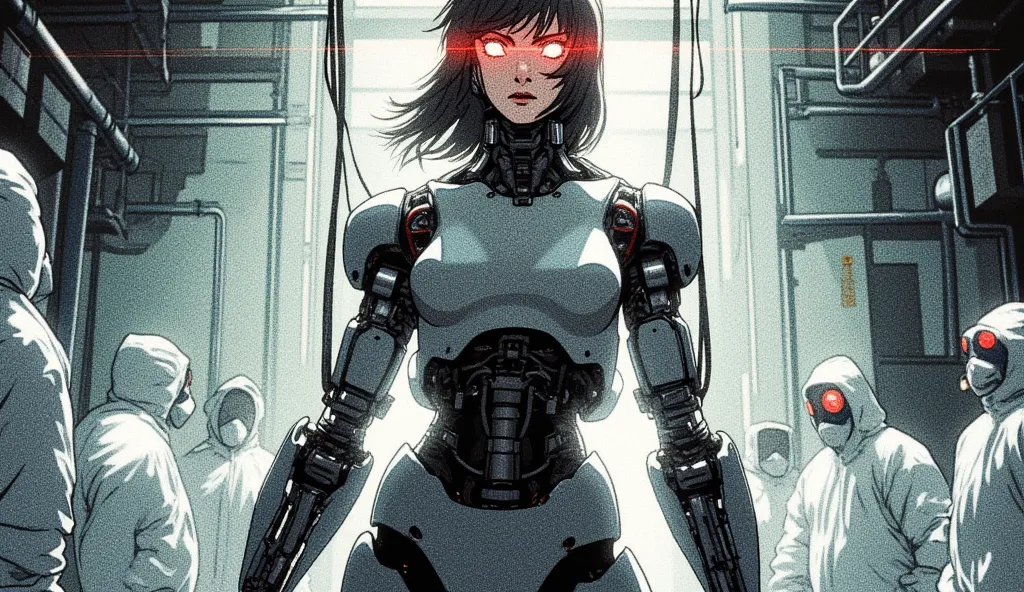 A cybernetic woman with exposed mechanical joints and a sleek, armored bodysuit stands inside a sterile, white-walled laboratory. Her arms are suspended by thick, robotic cables, as if she is undergoing maintenance or reprogramming. Her expression is cold ...