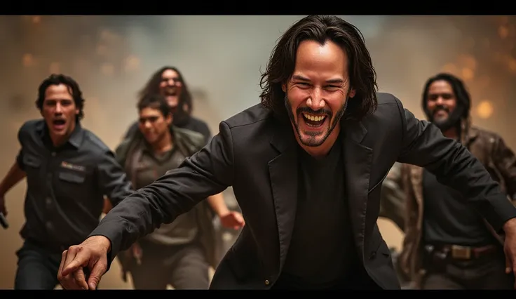 Photorealistic scene of Keanu Reeves fighting with a group of violent criminals;  dynamic action , blurred background, dramatic facial expressions,  sharp contrasts .