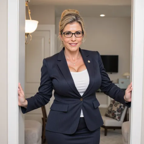 realistic photo of c0rychase, masterpiece, detailed, beautiful, 1girl, 55 years old, mature female, milf, librarian, business suit with pant skirt, glasses, hair up in a hair claw, standing in a doorway with the living room behind, facing the camera