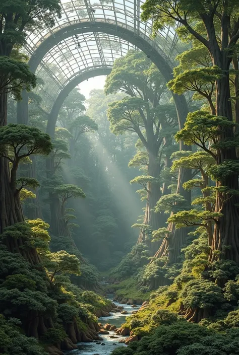 Create a dome that surrounds a forest from top to bottom, As realistic as possible for an explanation card for ren 