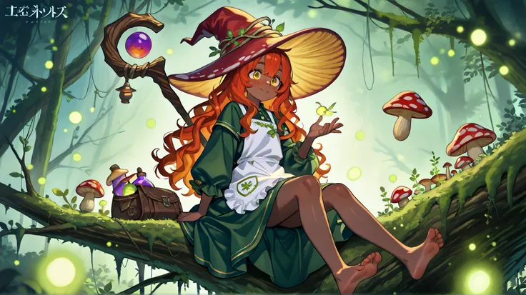 a witch with tanned dark skin covered with freckles. She has yellow whites of her eyes and scarlet irises. She has loose ginger red wavy hair, long to her feet. She wears a swampy green medieval witch's dress and an apron with two pockets. You're wearing ...