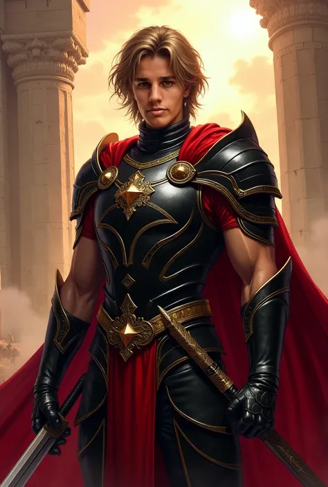 A 17-year-old Aasimar warrior with a tall, muscular build (1.87 meters). His skin has a mix of olive and golden tones, giving him a divine presence. His facial features are exceptionally handsome, blending Arab and Italian influences. His expression is cal...