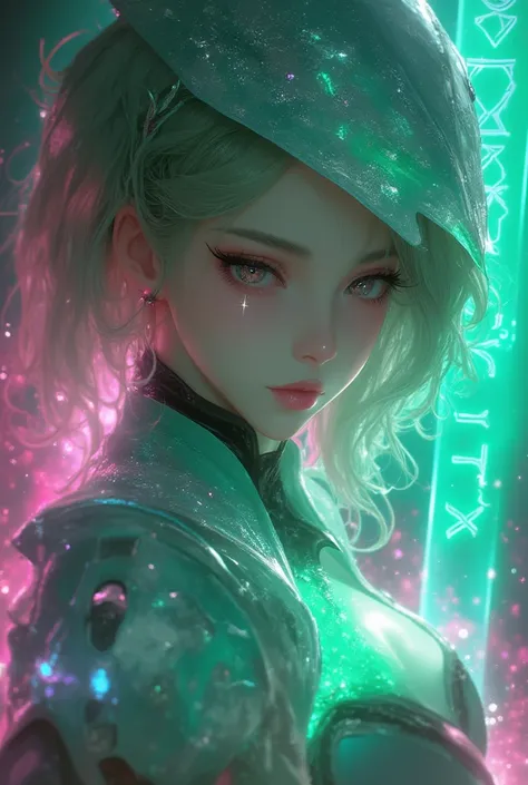 1girl,beautiful elf,megalodon art as a background ,Final Fantasy-like worldview, Tetsuya Nomura-like illustrations, HD , colorful art  , 3D colorful painting ,Japanese anime style fantasy illustration. battlemaid uniform. Female cyberpunk style sodian.cros...