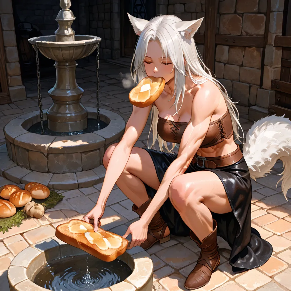 In a medieval fantasy world, an 18-year-old demi-human girl with wolf-like traits sits on the edge of a stone fountain, her posture relaxed yet still alert to her surroundings. Her muscular and toned body reflects her life as a warrior while maintaining a ...