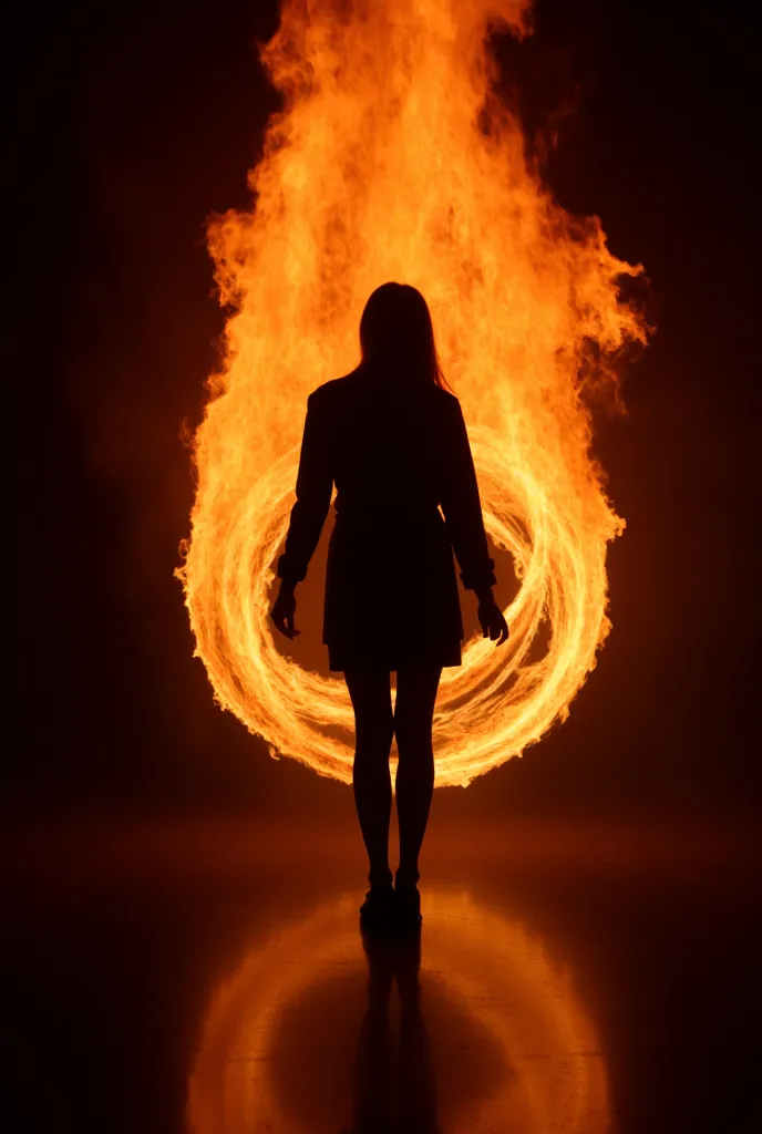 “A powerful silhouette of a woman standing with her back to the viewer, her long hair transforming into flames, swirling upwards. The fire dances in the air, creating an ethereal, otherworldly glow. The background is dark with embers and fiery sparks float...