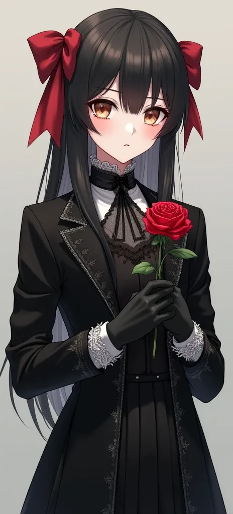 A young boy with a delicate and elegant appearance, dressed in a gothic-inspired black outfit. His long, silky black hair falls just past his shoulders, slightly tousled, with a straight fringe framing his face. Two large red ribbons are symmetrically tied...