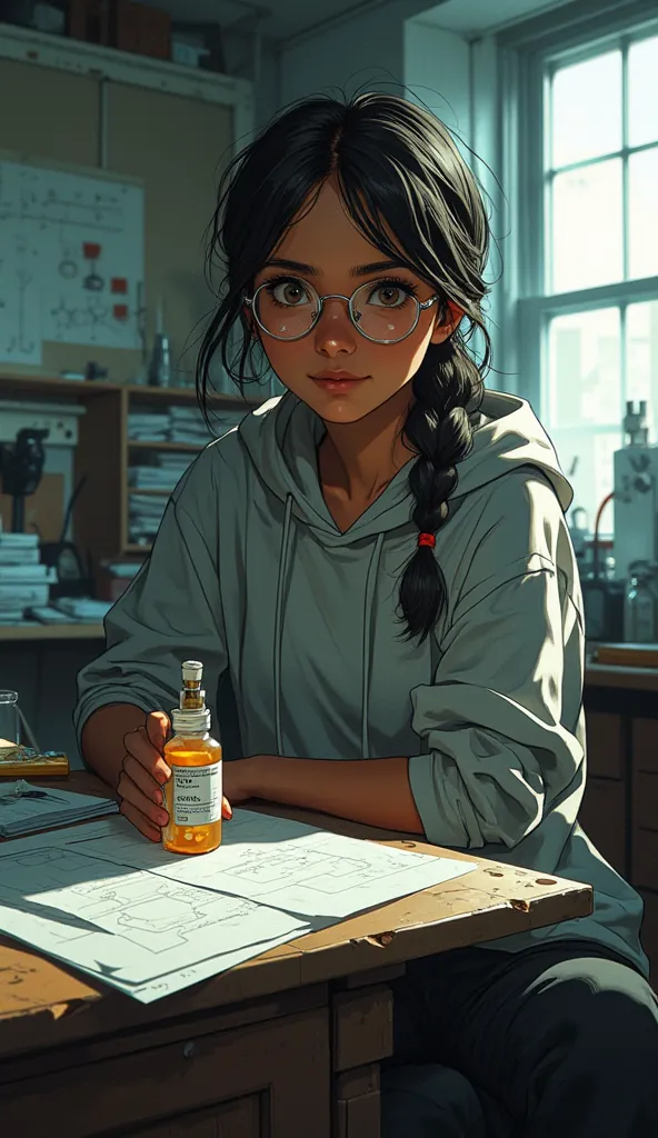 digital art - A 5’2” approximately 20 year old South Indian woman with warm amber skin (#D97E3A) sits at a cluttered lab desk, looking directly at the camera with a curious yet slightly shy expression. She wears unfashionable, round eyeglasses with thin me...