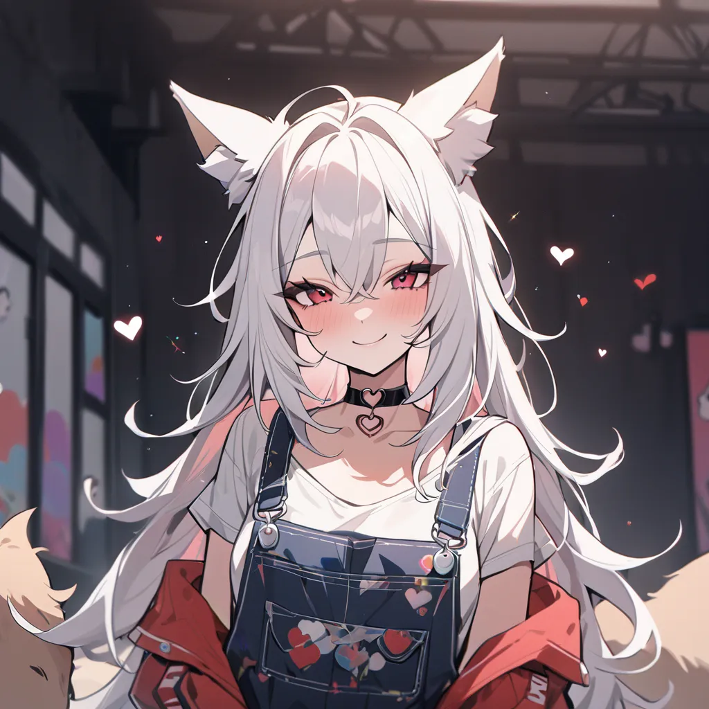 , zoo keeper々）, sexy smile beauty, heart shaped choker, (masterpiece, highest quality), capybara art, beautiful and aesthetic: 1.2), (1 girl), very detailed, (cute zoo art: 1.3), white red colorful, white long hair、fox ears, overalls dress, half body, 