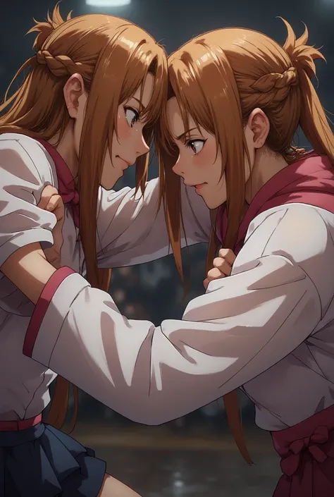  Asuna Yuuki wrestling against her doppelganger,  engaged in combat,  angry,  tired, sweating heavily, rolled-up sleeves schooluniform.