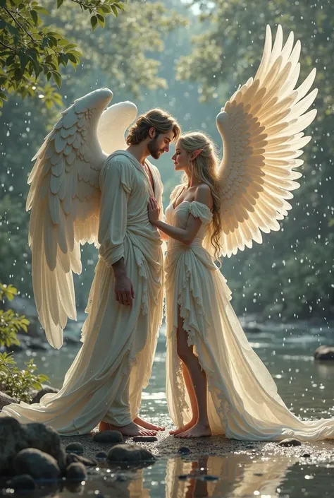 A male beautiful angel with beautiful wise big wings You meet a beautiful elf woman beautifully with wise wings on the river