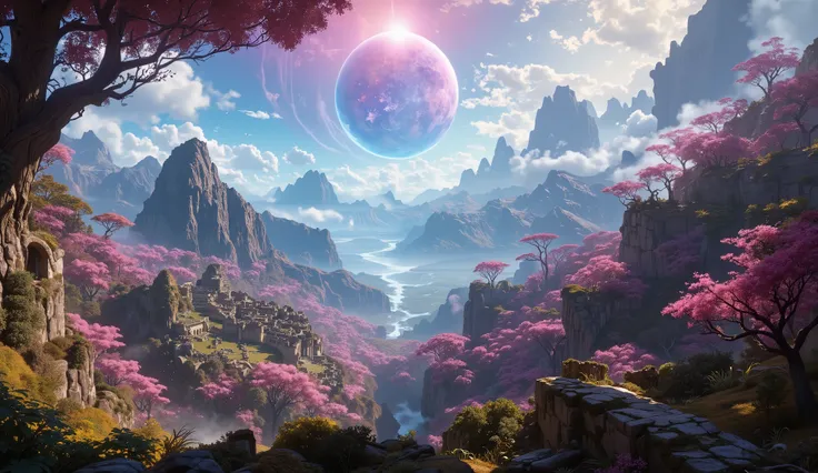 masterpiece, The ruins of Machu Picchu (Peru) slice, a large cherry blossom forest, clouds everywhere , A planet in the sky , las ruinas de Machu Picchu muy Detailed, hermoso bosque de flor de cerezos de color slice, clouds all over the landscape, bea...