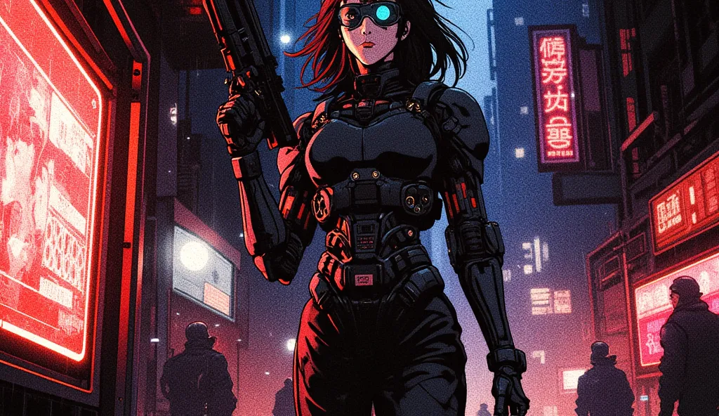 A mysterious female cyborg bounty hunter walks through a neon-lit alley, gripping a high-tech firearm. Her cybernetic limbs are covered in armored plating, and a sleek, transparent visor covers her eyes, displaying tactical data. The rain-soaked streets re...