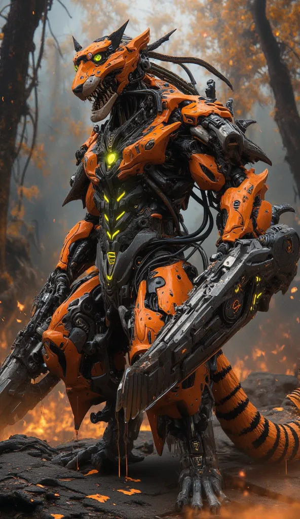 Hyper-realistic image. High quality, 8K Ultra HD. Disney's Tigger infected by the Orange Virus, mutated into a cybernetic bio-robotic monster. His once spongy, vibrant body is now a grotesque fusion of decaying organic tissue and rusting mechanical compone...