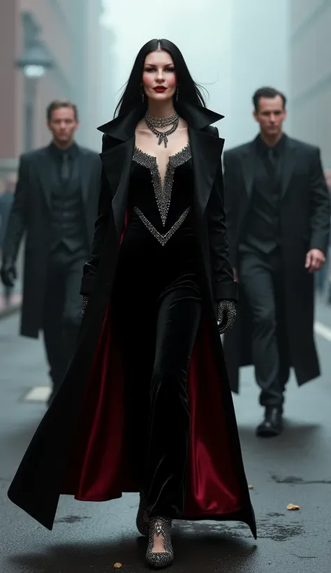 Morticia Addams gliding through a foggy street, wearing a black satin trench coat lined with crimson silk, over a body-hugging velvet gown with subtle silver and black beadwork. She wears diamond-studded stilettos, elbow-length silk gloves, and a necklace ...