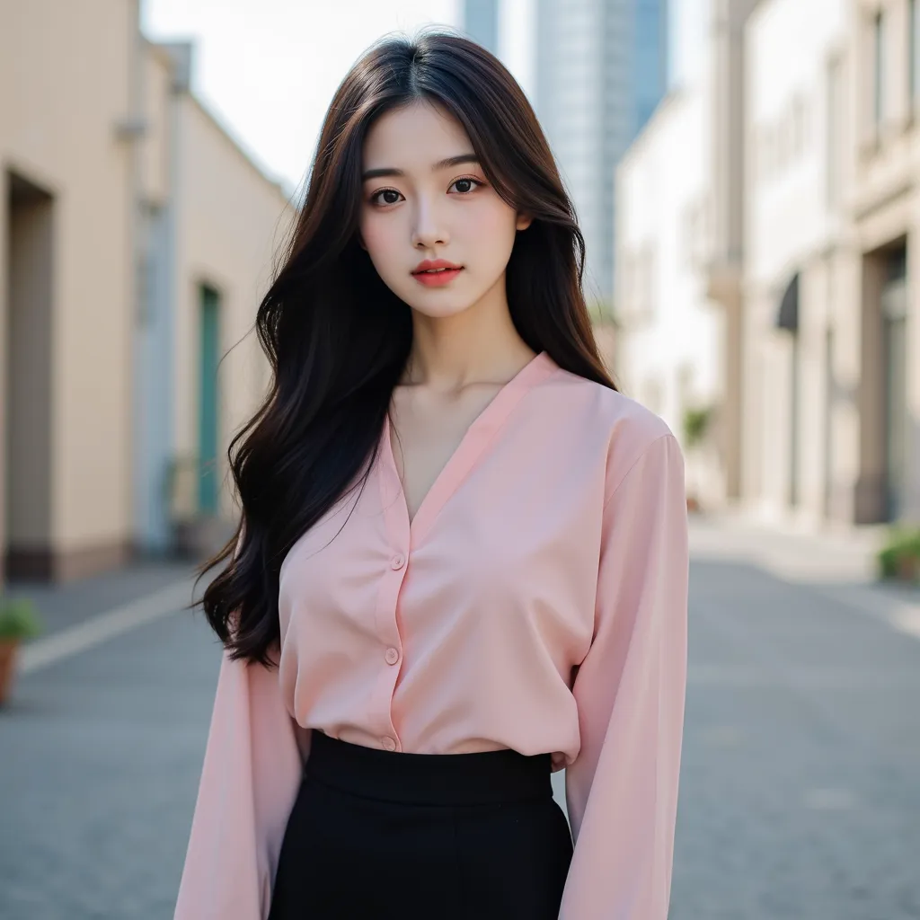 
"A Korean Asian girl, Called Zoey Veylore, With medium brown predatory eyes, long hair, smooth and black with natural reflections. She has fair skin and a captivating smile. Wear a minimalist pink blouse with a black skirt,  in a modern and illuminated en...