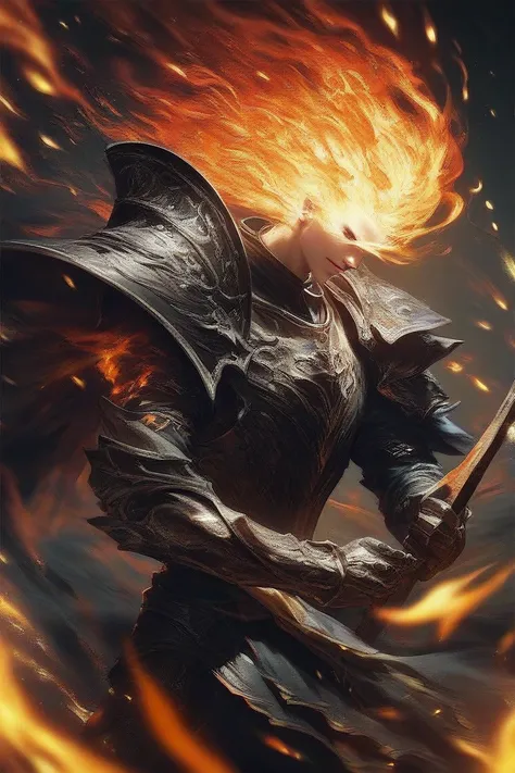 1boy, armor
 fr3nz1ed, flame, embers, fire, black void, score_9, score_8_up, score_7_up, intricate details, rating_safe, fantasy setting,
depth of field, detailed background,
ral-chrosc-clr,
expessiveH,
