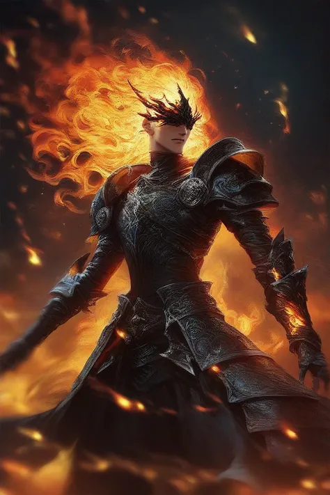 1boy, armor
 fr3nz1ed, flame, embers, fire, black void, score_9, score_8_up, score_7_up, intricate details, rating_safe, fantasy setting,
depth of field, detailed background,
ral-chrosc-clr,
expessiveH,
