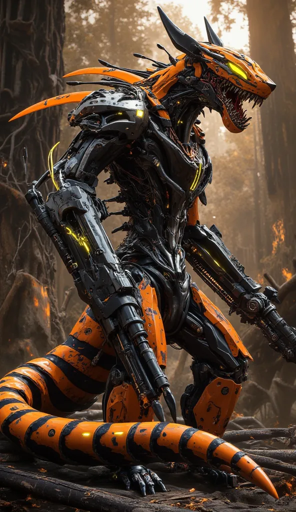 Hyper-realistic image. High quality, 8K Ultra HD. Disney's Tigger infected by the Orange Virus, mutated into a cybernetic bio-robotic monster. His once spongy, vibrant body is now a grotesque fusion of decaying organic tissue and rusting mechanical compone...