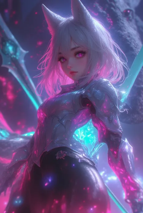 1girl,beautiful elf,megalodon art as a background ,Final Fantasy-like worldview, Tetsuya Nomura-like illustrations, HD , colorful art  , 3D colorful painting ,Japanese anime style fantasy illustration. armamaid uniform. Female cyberpunk style spear.cross i...