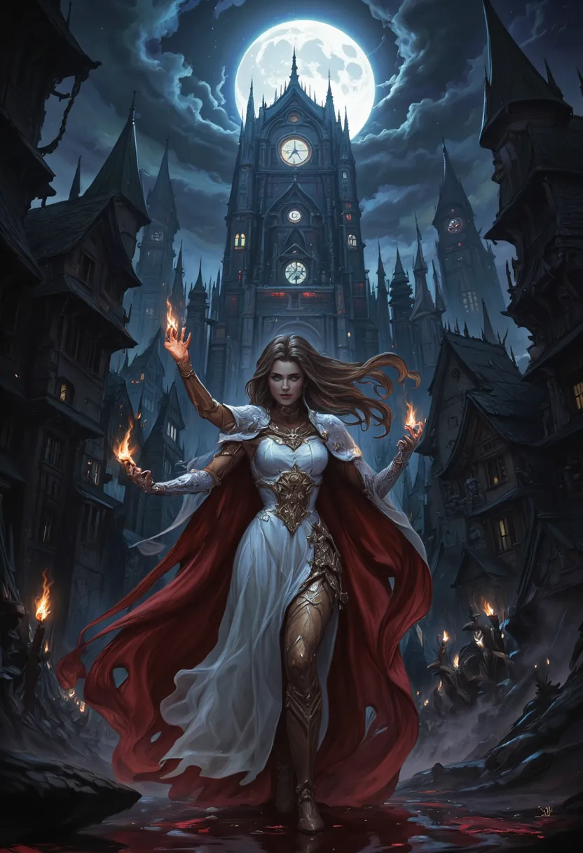 comic art, fantasy art, RPG art, ultra wide shot, a picture of a vampire queen walking in a windy day, in the big city, a beautiful mature vampire queen, elegant vampire, dynamic hair color, dynamic hair style, wearing intricate white silk dress,  billowin...