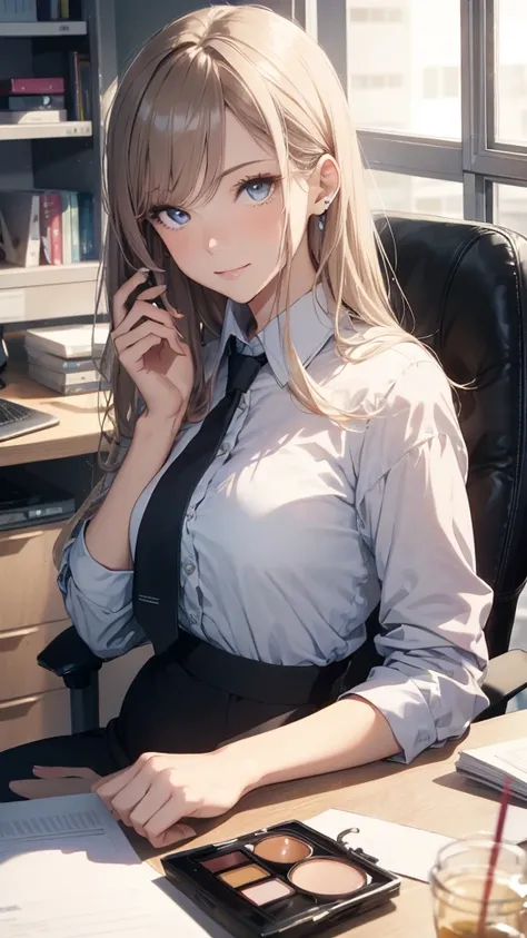 masterpiece, best quality, highly detailed, 1girl, OL, sitting at desk, holding compact mirror, intently looking at compact, admiring herself, narcissistic expression, self-assured expression, confident smile, “I’m right, I’m beautiful” expression, oblivio...