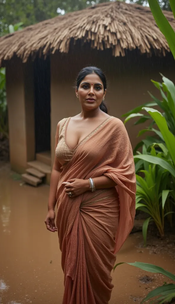 Photo of  Voluptuous Indian Mature Aunty with dusky skin, Wearing low cut Sari without blouse showing large U Cut Cleavage, Standing outside a Mud hut. Wet in rain, Hair tied behind, Indian farm.