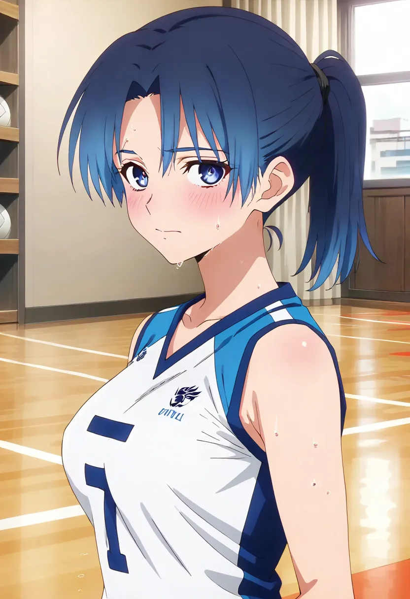 (anime screencap, masterpiece, best quality), Intricate details, indirect lighting, upper body, (Focus on the breasts), looking at viewer, sitting, full body, 1girl, medium breasts, (covered nipples:0.7), blue hair, ponytail haircut, blue eyes, blush, swea...