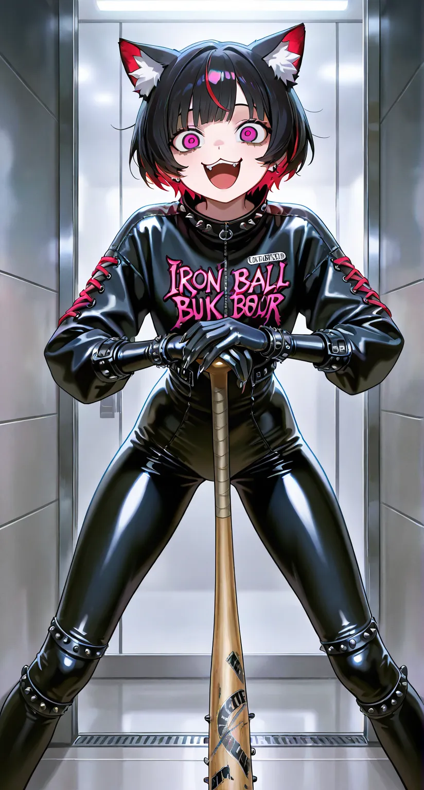 girl focus, upper body focus, solo girl, short hair, multi-colored leather bodysuit, punk fashion, :3, iron corridor, bowlegged pose, crazy eyes, happy laughing, cat ear fluff, holding a baseball-bat, 1 baseball-bat, hunched over, feet out of frame, lookin...