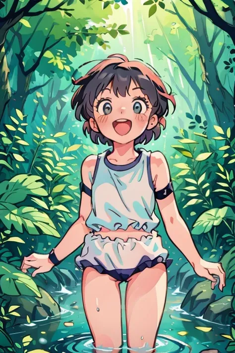 1girl,  (white blouse, sleeveless blouse:1.2), bare legs, stream, wading, (bloomers hold, curtsey: 1.2), looking at viewer, laughing, forest, depth of field、wearing a Black gymnastics bloomers, High leg、white blouse, cowboy shot、