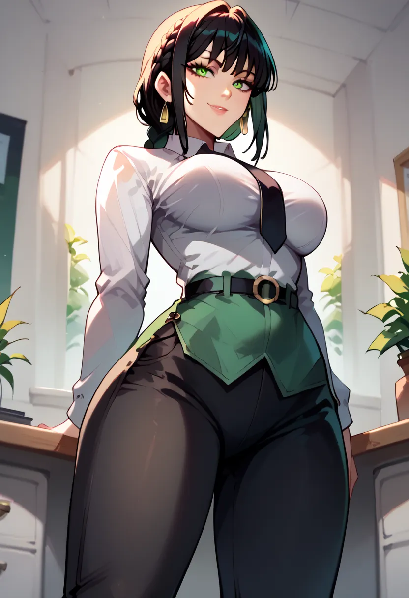 fubuki (one-punch man) green red black hair, short hair, tight green dress, long sleeves, collared dress, green eyes, perfect large breasts, view from below, sexy pose, dynamic angle Break, perfect lighting, shadows, makima, makima, long hair, smile, bangs...