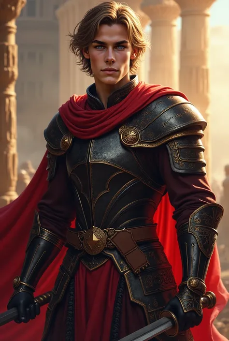 A 17-year-old Aasimar warrior with a tall, muscular build (1.87 meters). His skin has a mix of olive and golden tones, giving him a divine presence. His facial features are exceptionally handsome, blending Arab and Italian influences. His expression is cal...