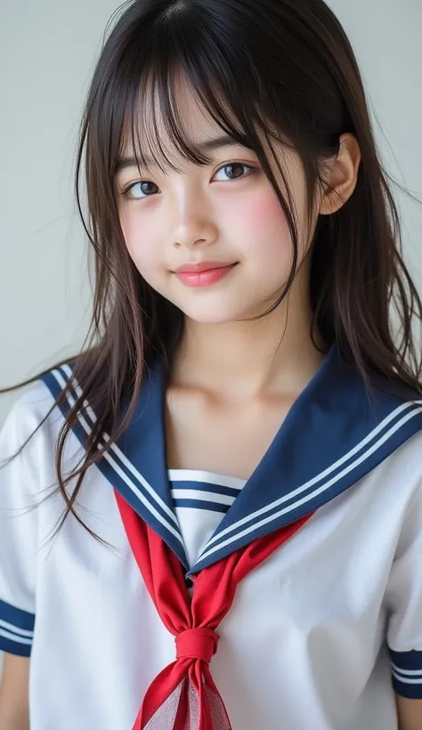 smiling girl with no visible hips、  photos、best image quality、Entertainer class beautiful girl、  school classroomsの座席にしゃがむ 、 school classrooms、 Genuine 、 sailor suit、 Red Scarf on the Chest 、  opened my chest wide、Front 