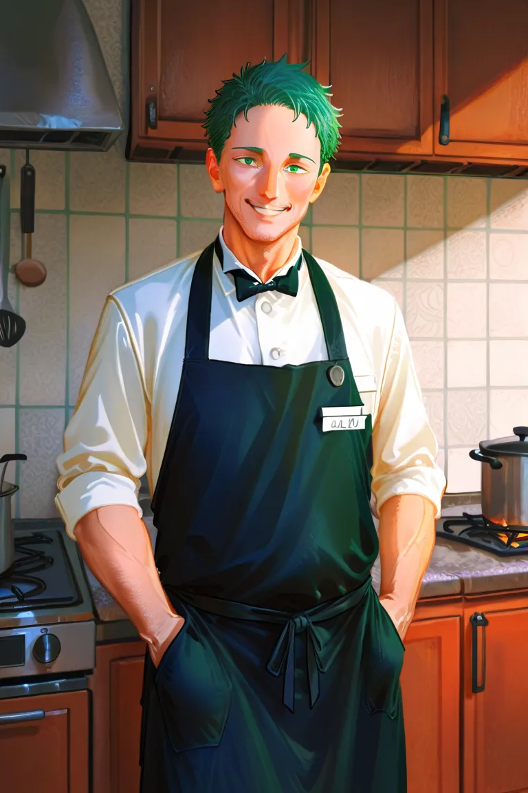 An old fat, negro, of green eyes, Of waiter clothes, standing in the kitchen saying something while cooking something smiling