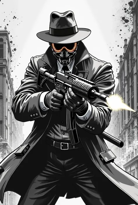 The Rift Agent armed shooting a machine gun in a war torn city sceen, clad in an  trench coat, a fedora, and a futuristic mask with a glowing visor. His bulletproof suit conceals weapons, while his gloves interface with Reich tech. Only his tie remains unc...