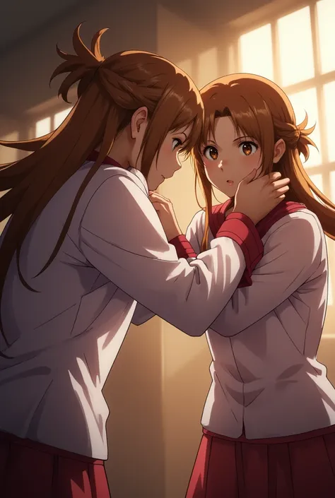 anime art, dramatic action shot of Asuna Yuuki wrestling her mirror-self, dynamic composition, red and white school uniform sleeves rolled up, intense facial expressions, flowing chestnut hair in motion, cinematic lighting with dramatic shadows, martial ar...