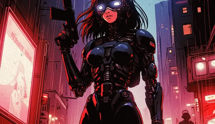 A mysterious female cyborg bounty hunter walks through a neon-lit alley, gripping a high-tech firearm. Her cybernetic limbs are covered in armored plating, and a sleek, transparent visor covers her eyes, displaying tactical data. The rain-soaked streets re...