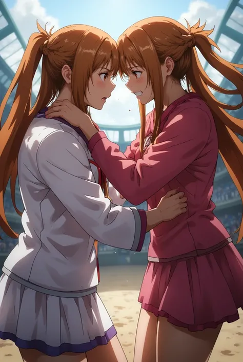  Asuna Yuuki wrestling against her doppelganger,  engaged in combat,  angry,  tired, sweating heavily.