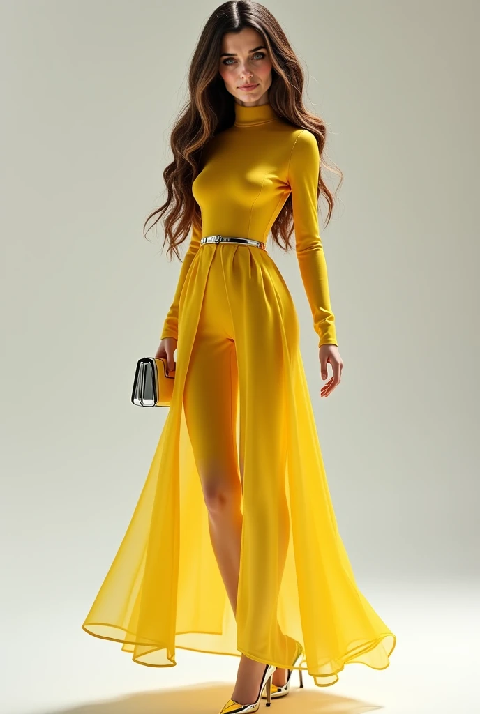  Woman, Realistic, Dark honey hair with fine black highlights and blonde locks, long hair , yellow long sleeve dress completely glued to the body and transparent only around the neck high collar tube,  silver high heel shoes, small silver purse, calf-lengt...