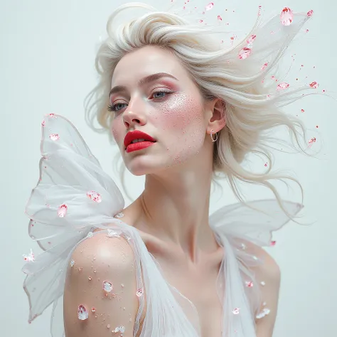 Create an abstract, portrait of an Alpino woman with flowing, ethereal hair, styled in a feather-white aesthetic. Her face is rendered in pointillism, with delicate white and pink dots that create a dramatic, captivating effect. Her lips are bright red, he...