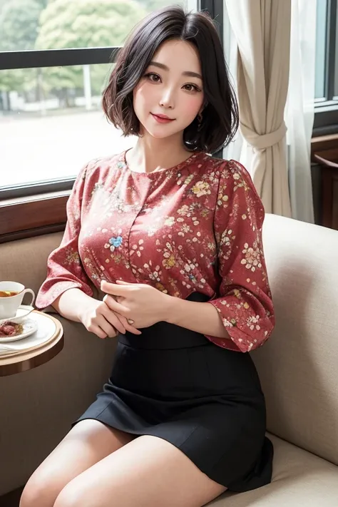 (High Definition), Lady, Japan Person, Cute, Black Hair Short, wearing Floral Print Round Neck Short Bubble Sleeve Blouse, Flair Skirt,Trad Style For Female,  Glance, Straddling Big Sofa, At Hotel Large Cafe, After noon Tea Set & Some Books on a Table, Spr...