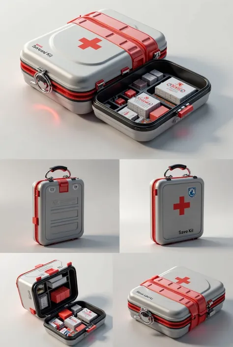 Make an image of a first aid kit and that the design is very innovative and that bears the name of "Save Kit" 