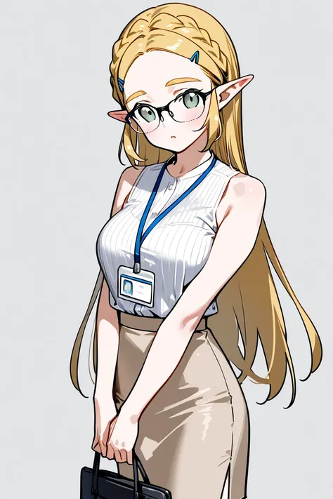 Princess Zelda in the real world as an office worker wearing real-world office worker clothes, light green and gray eyes, glasses, White ribbed tank top, office worker's hair, beige skirt, office worker badge