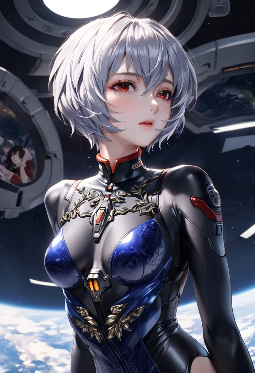  from below, 美しいRei Ayanami、一peopleの女性、１people,Rei Ayanami、Nice body、  cool and sadistic , Looking at the Earth from inside a spaceship、A lustful and lascivious face, clearly makeup 、 red eyes、  looking down with a cold gaze,, BEAUTIFUL BLUE SHORT HAIR,Rei...