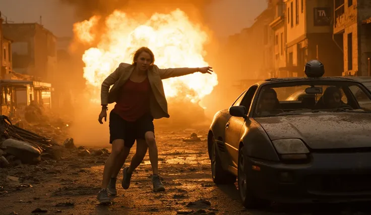 Sam and Mikaela’s Desperate Escape

Prompt: Sam and Mikaela sprint through the ruins of a collapsing city. Cars flip over, explosions erupt, and metal debris rains down. The camera follows in an over-the-shoulder tracking shot, intensifying the chase. As t...