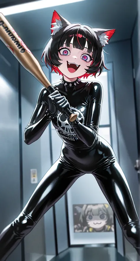 girl focus, upper body focus, solo girl, short hair, cat ear fluff, multi-colored leather bodysuit, punk fashion, :3, iron corridor, bowlegged pose, crazy eyes, happy laughing, holding a baseball-bat, 1 baseball-bat, hunched over, feet out of frame, leanin...