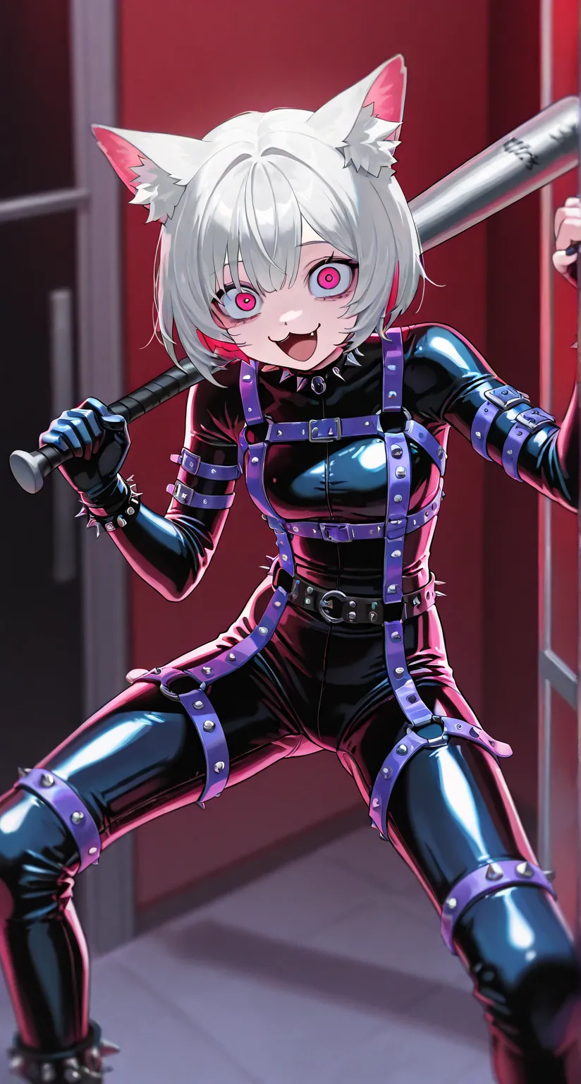 girl focus, upper body focus, solo girl, short hair, cat ear fluff, multi-colored leather bodysuit, punk fashion, :3, iron corridor, bowlegged pose, crazy eyes, happy laughing, holding a baseball-bat, 1 baseball-bat, hunched over, feet out of frame, leanin...